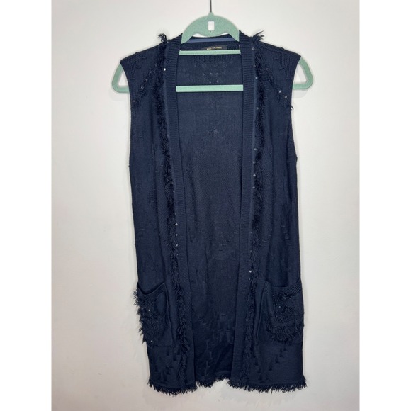 Kobi Halperin Sweaters - Kobi Ashton Beaded Fringe Sweater Vest Sleeveless Cardigan Navy sz XS Wool Boho